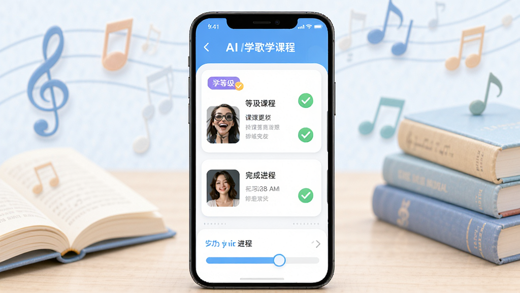 AI学唱歌分阶段教学课程界面,画面中手机屏幕展示课程列表和进度条,背景有音符和书本元素,主体为手机与课程卡片,布局纵向排列,排版规整,风格清新学习风,细节包括等级标签和完成打勾图标,画质清晰干净无多余元素