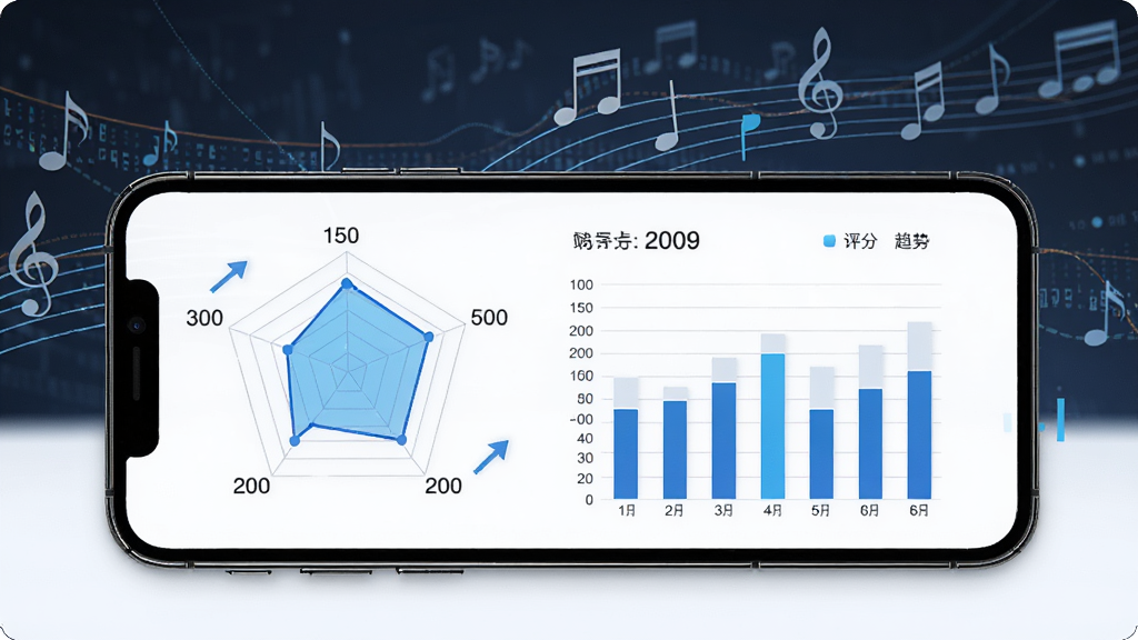 AI学唱歌声音分析报告界面,画面中手机屏幕显示雷达图和柱状图数据,背景有音符和数据线条,主体为手机与报告图表,布局上下结构,排版数据感强,风格专业简洁,细节包括评分数字和趋势箭头,画质高清干净无多余元素