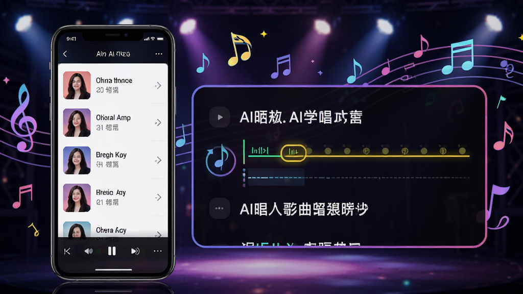 AI学唱歌曲库跟唱功能展示,画面中手机屏幕显示歌曲列表和歌词滚动界面,背景有音乐符号和舞台灯光效果,主体为手机与歌词面板,布局居中偏左,排版活泼,风格年轻化音乐风,细节包括高亮歌词和音高提示线,画质清晰干净无多余元素