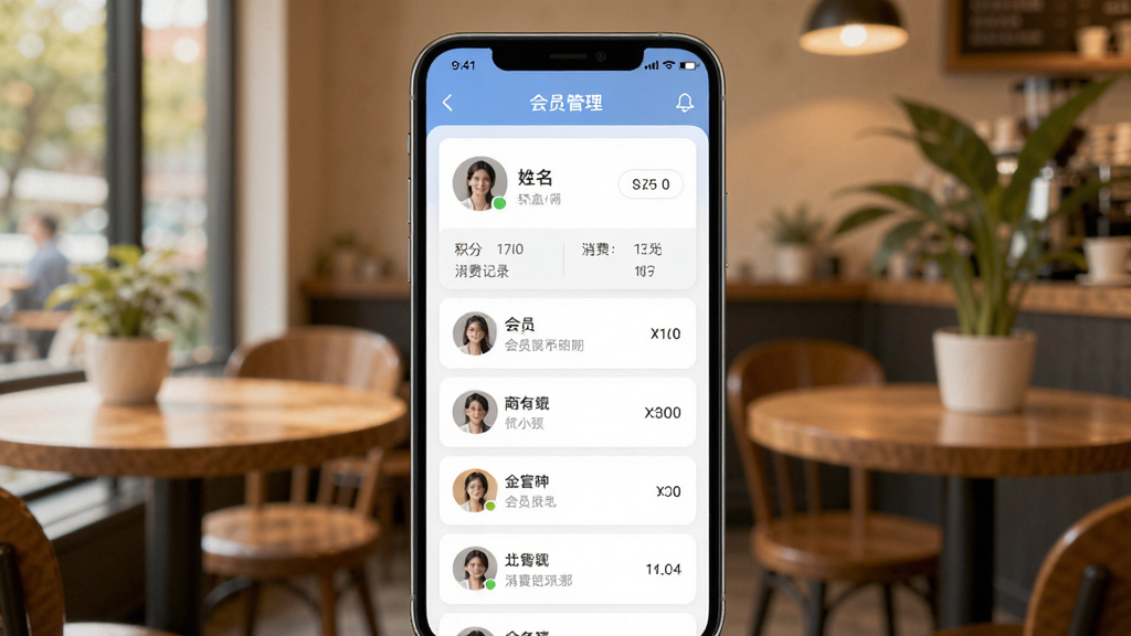 体此咪商家端会员管理界面,手机屏幕显示会员列表和会员详情,包含会员头像、姓名、积分、消费记录等信息,界面采用卡片式设计,配色柔和,蓝白为主。背景为虚化的咖啡厅场景,有桌子和绿植,光线温暖。画面主体突出手机屏幕,排版居中,画质清晰,干净无多余元素。