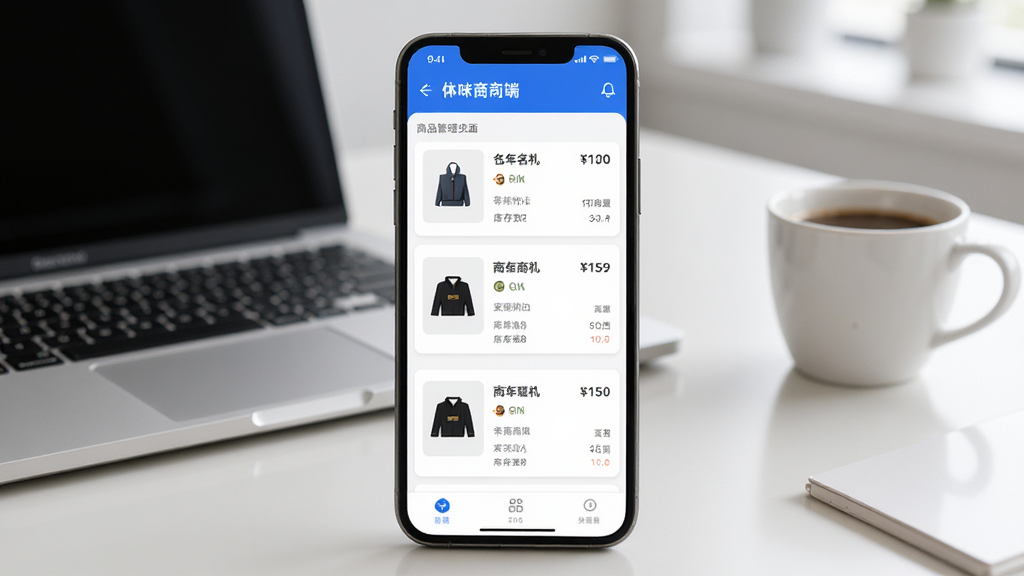 体此咪商家端商品管理功能界面,手机屏幕显示商品列表,包含商品图片、名称、价格、库存数量等信息,界面采用卡片式设计,蓝白配色,风格现代简洁。背景为简洁的办公桌面,有笔记本电脑和一杯咖啡,光线柔和。画面主体突出手机屏幕,排版居中,画质清晰,干净无多余元素。