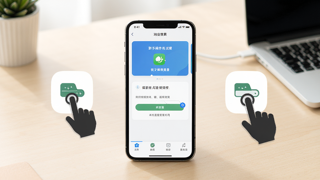 体此咪商家端新手操作指引示意图,画面中央是一部智能手机,屏幕显示应用安装界面和权限设置页面,旁边有手指点击的示意图标,背景为简洁的浅色桌面,光线明亮。整体排版居中,画质清晰,干净整洁,无多余元素。