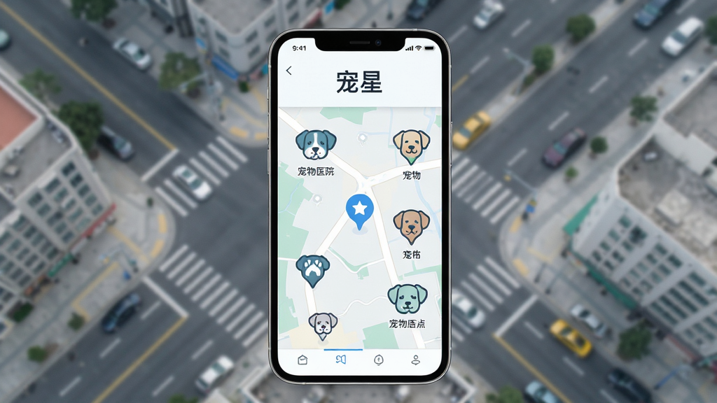 手机屏幕显示附近宠物服务地图界面,地图上有多个宠物医院和宠物店的标记点,屏幕上方写着
