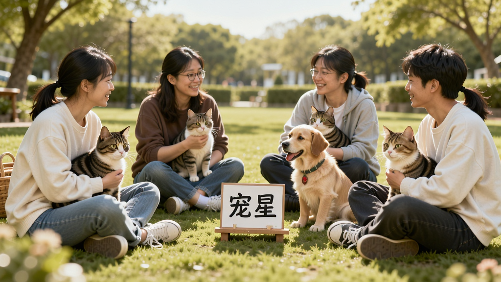 一群宠物主人在户外草坪上聚会,每个人身边都带着自己的宠物猫或宠物狗,大家围坐在一起交流,画面中有一块立牌写着