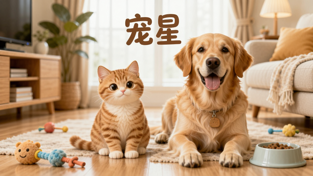 一只可爱的橘猫和一只金毛犬并排坐在明亮的客厅地板上,周围散落着宠物玩具和食盆,背景是温馨的家居环境,画面中央上方用圆润字体写着