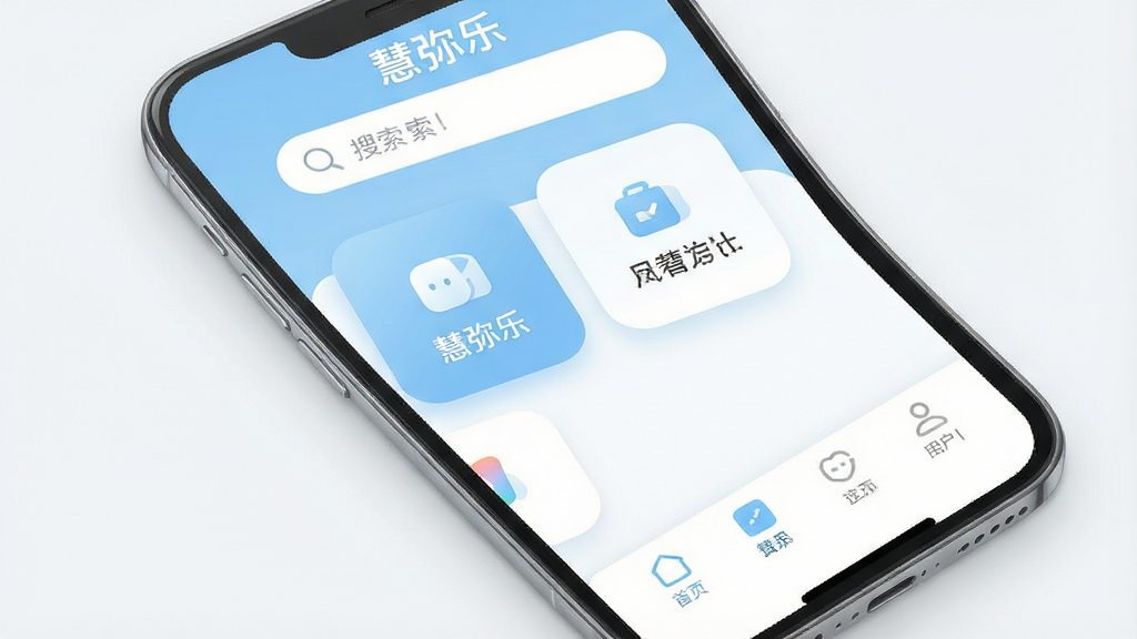 一张展示智能手机界面的图片,屏幕中央显示“慧弥乐”应用主界面,界面风格简洁清爽,布局为上方搜索栏、中部功能卡片、底部导航栏,整体配色以浅蓝和白色为主,风格现代简约,细节包括圆角图标和柔和阴影,画质高清,干净,无多余元素