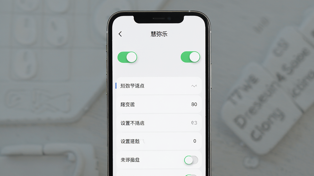 一张展示“慧弥乐”设置界面的图片,画面主体为手机屏幕,屏幕内显示开关按钮和选项列表,布局为纵向排列,风格简约现代,细节包括圆角开关和灰色辅助文字,画质高清,干净,无多余元素