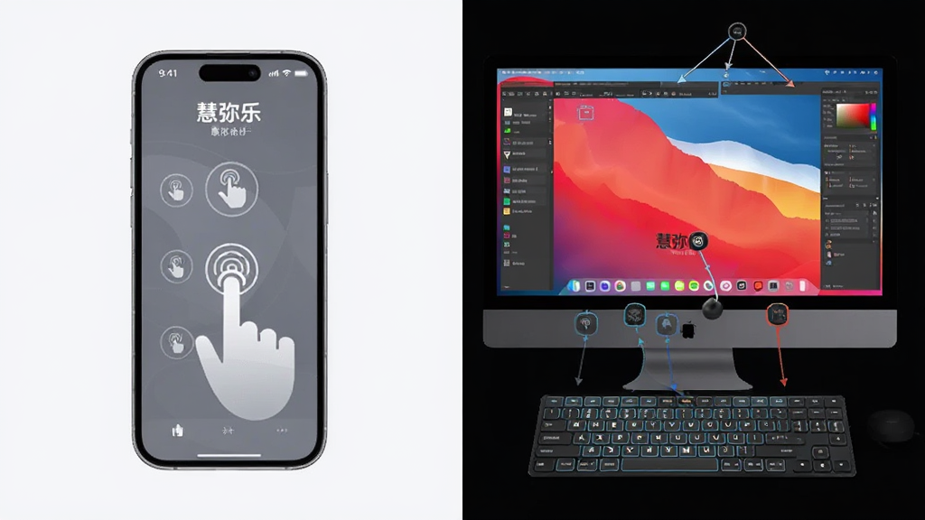 一张展示“慧弥乐”在手机与电脑模拟器上同时运行的对比图,画面主体为左侧手机和右侧电脑屏幕,布局为左右并排,风格科技简约,细节包括手机触控手势图标和电脑键盘映射示意,画质高清,干净,无多余元素