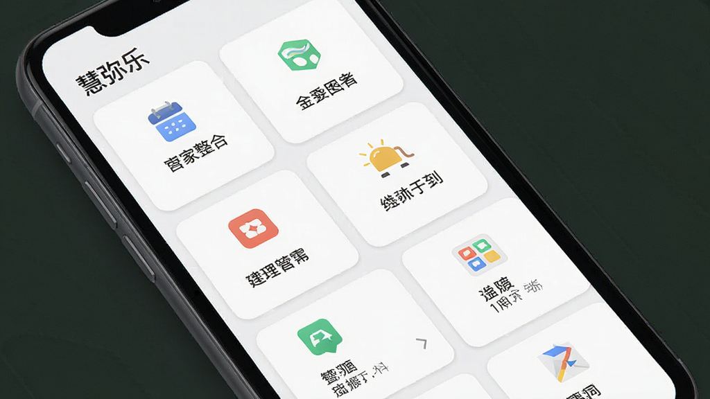 一张展示“慧弥乐”应用功能整合界面的图片,画面主体为手机屏幕,屏幕内显示多个功能卡片整齐排列,布局为网格状,风格扁平化设计,细节包括卡片上的小图标和文字标签,画质高清,干净,无多余元素