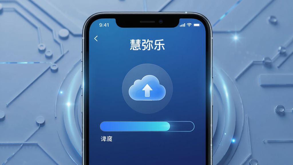 一张展示“慧弥乐”数据同步状态的图片,画面主体为手机屏幕,屏幕内显示同步进度条和云端图标,布局为居中对称,风格科技感与简洁结合,细节包括蓝色渐变和细微的光效,画质高清,干净,无多余元素