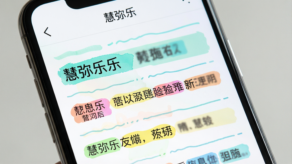 一张展示“慧弥乐”信息详情页面的图片,画面主体为手机屏幕特写,屏幕内显示清晰的文字列表和彩色标签,布局为上下结构,风格清新明快,细节包括高亮色块和分隔线,画质高清,干净,无多余元素