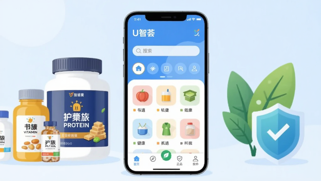 画面中央展示一部智能手机,屏幕显示“U智荟”APP首页界面,包含商品分类图标、搜索栏与底部导航栏。背景为浅蓝色渐变,左侧放置几瓶维生素与蛋白粉产品,右侧有绿叶与盾牌图标象征健康与正品保障。整体采用扁平化插画风格,色彩明亮柔和,画质清晰干净,无多余元素。