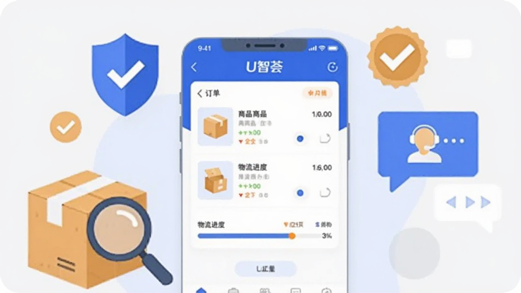 画面中央为“U智荟”APP的订单详情页截图风格插画,显示商品列表与物流进度条,周围环绕盾牌、勾选标记与正品标签。背景为浅灰色,左侧有快递盒与放大镜元素,右侧有客服对话框图标。采用现代扁平插画风格,色彩以蓝白为主,点缀少量橙色高亮,画质清晰,无多余元素。