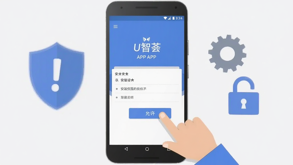 画面中央为一部安卓手机显示“U智荟”APP的安装权限设置界面,旁边有手指点击“允许”按钮的示意。背景为浅灰色,左侧有盾牌与感叹号图标,右侧有齿轮与锁图标。采用简洁扁平插画风格,色彩以蓝灰为主,画质清晰,无多余元素。
