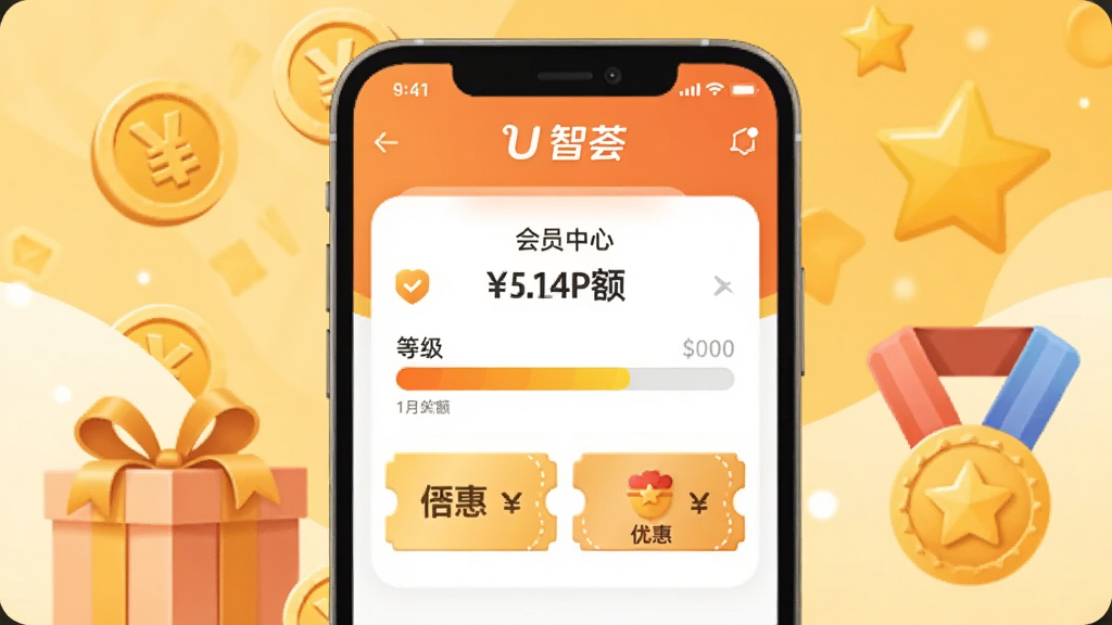 画面中央为“U智荟”APP的会员中心页面插画,展示积分余额、等级进度条与优惠券图标。背景为暖黄色调,左侧有金币与礼品盒元素,右侧有星星与勋章图标。采用卡通扁平风格,色彩温暖明快,画质清晰干净,无多余元素。