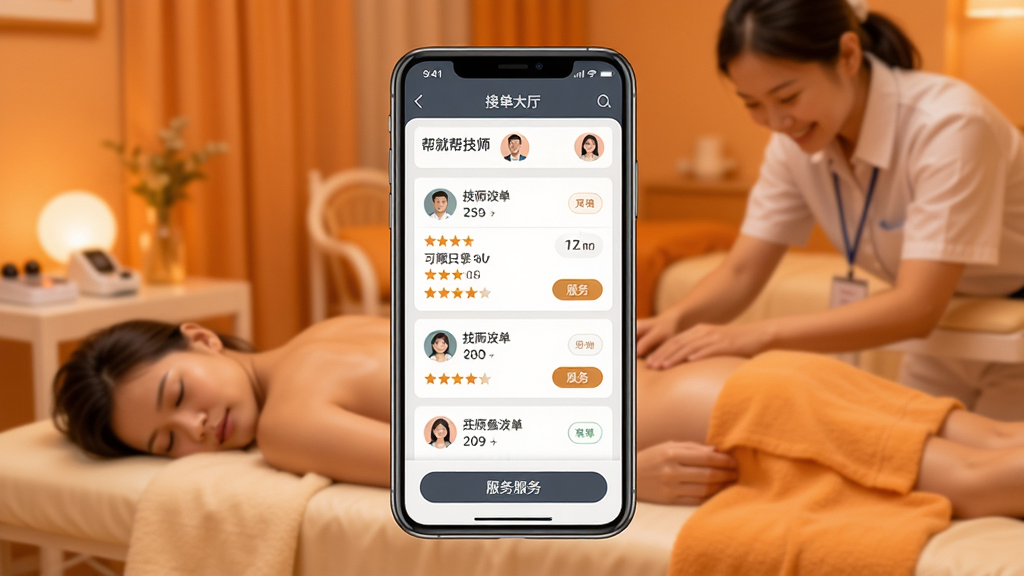 帮就帮软件首页界面展示,画面中央是一部智能手机,屏幕上显示帮就帮技师端接单大厅页面,有订单列表和技师头像,背景为温暖橙色调的按摩服务场景,布局简洁清晰,风格现代扁平化,细节包括订单卡片、评分星级、服务按钮,画质高清,干净,无多余元素