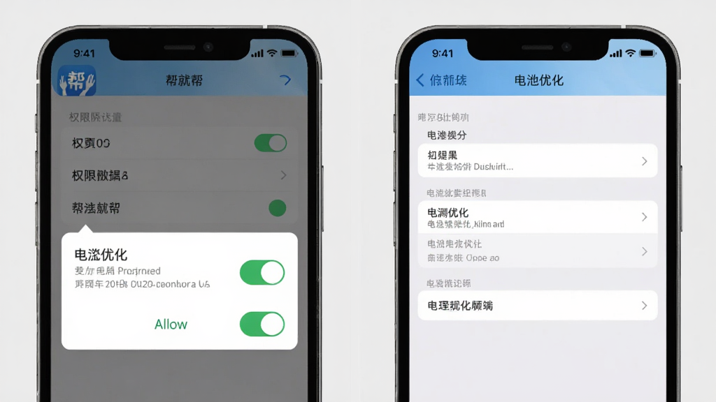 帮就帮技师端安装设置步骤图,画面展示手机屏幕上权限设置和电池优化界面,有帮就帮图标和开关按钮,背景为浅灰色,布局为手机设置页面对比图,风格清晰直观,细节包括权限列表、允许按钮、电池优化选项,画质高清,干净,无多余元素