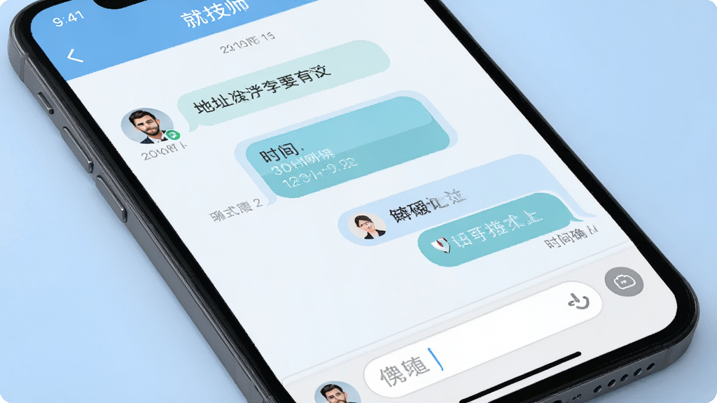 帮就帮技师端聊天沟通界面,画面展示手机屏幕上技师与用户的对话窗口,有地址发送、时间确认等消息气泡,背景为柔和蓝色调,布局为聊天界面特写,风格干净清爽,细节包括头像、消息时间戳、输入框,画质高清,干净,无多余元素