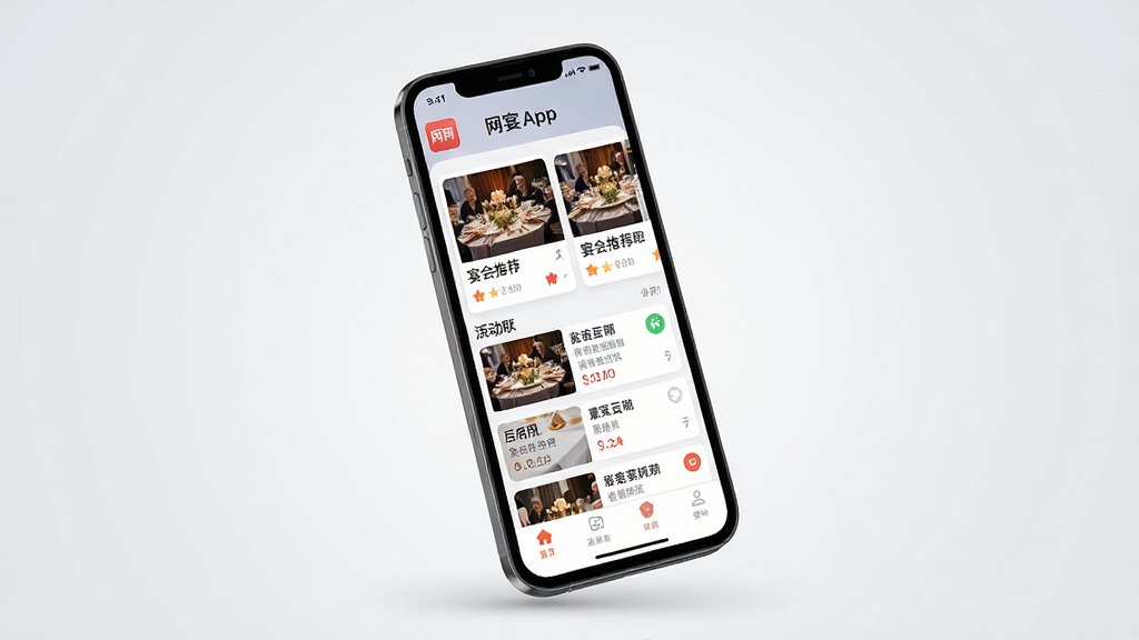一张展示网宴App界面全貌的图片,主体为一部智能手机,屏幕中显示网宴应用的主页,包含宴会推荐卡片、活动列表和底部导航栏;布局采用居中构图,手机略微倾斜,背景为浅灰色渐变;排版清晰,手机屏幕内容细节丰富;风格为现代扁平化UI设计,干净明亮;细节包括宴会缩略图、图标和文字标签;画质高清,干净,无多余元素。