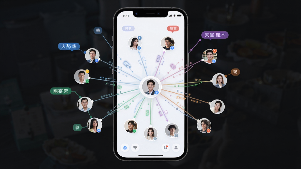 网宴App人脉图谱功能展示图,主体为手机屏幕,显示以用户为中心的网状联系人关系图;布局为放射状网络结构,节点为人物头像;排版清晰,线条柔和;风格为科技感浅色系;细节包括不同颜色的分组标签和连接线;画质高清,干净,无多余元素。