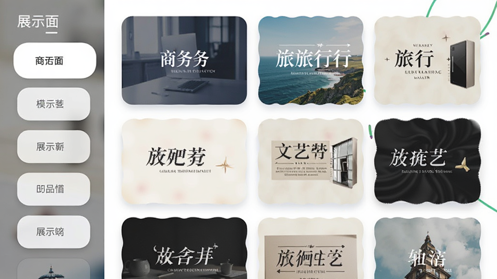 一款名为展示面的手机应用界面,画面展示模板选择页面,左侧是分类标签,右侧是多个风格各异的展示面缩略图,包括商务、旅行、文艺等主题,布局为网格排列,风格清新简约,细节有圆角卡片和柔和投影,画质清晰,干净无多余元素