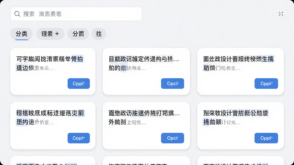 展示面软件内的文案素材库界面,画面中列出多条文案卡片,每条卡片包含文字和复制按钮,背景为浅色,卡片有圆角边框,顶部有搜索栏和分类标签,风格简洁现代,细节清晰,画质干净,无多余元素