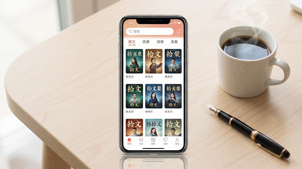一张展示拾文App主界面的手机样机图,画面中央是一部竖屏智能手机,屏幕内显示拾文App的书架页面,书架上整齐排列着多本小说封面,顶部有搜索栏和分类标签,底部有导航菜单。背景为淡雅的浅木色书桌,桌上放着一杯冒热气的咖啡和一支钢笔。整体风格清新简约,色彩柔和,光线明亮自然,画质清晰干净,无多余元素。