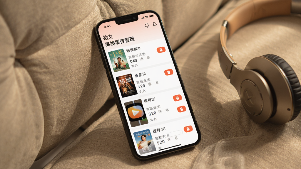 一幅展示拾文App离线缓存管理界面的手机样机图,手机屏幕内显示已缓存的小说和短剧列表,每个条目右侧有删除按钮和缓存大小标识。手机放置在柔软的布艺沙发上,旁边有一副耳机,整体色调温暖,光线柔和,画质细腻,无多余元素。