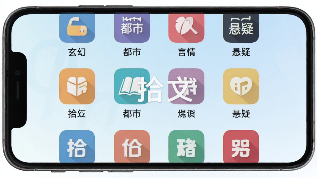 一个展示拾文App书城分类页面的手机界面图,手机屏幕中呈现多个彩色分类图标,包括玄幻、都市、言情、悬疑等,图标下方有对应的文字标签。背景是柔和的浅蓝色渐变,画面中央有拾文的Logo水印,整体风格扁平化设计,色彩明快,布局清晰,画质干净,无杂乱元素。