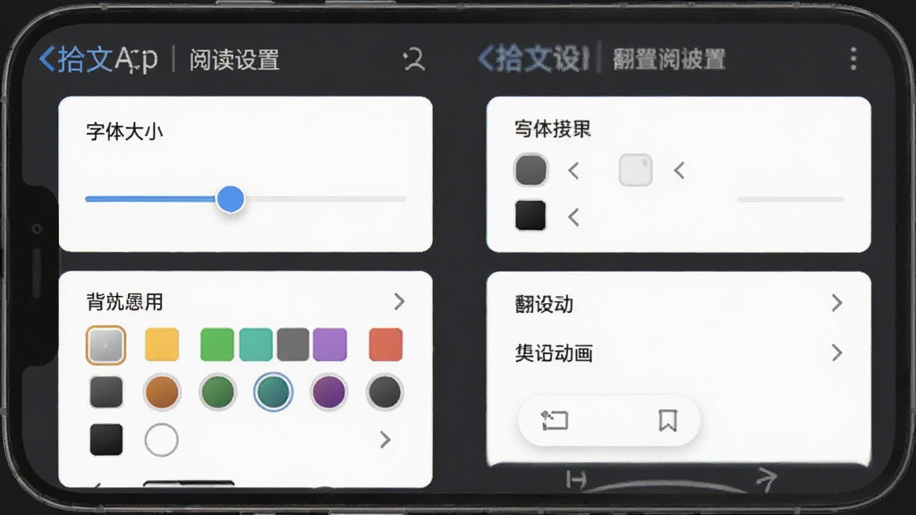 一张展示拾文App阅读设置面板的手机截图,屏幕中显示字体大小滑块、背景颜色选择器、翻页动画选项等设置项,界面风格简洁,采用卡片式布局。背景为深灰色,突出手机屏幕内容,整体画质清晰,文字锐利,无多余装饰元素。