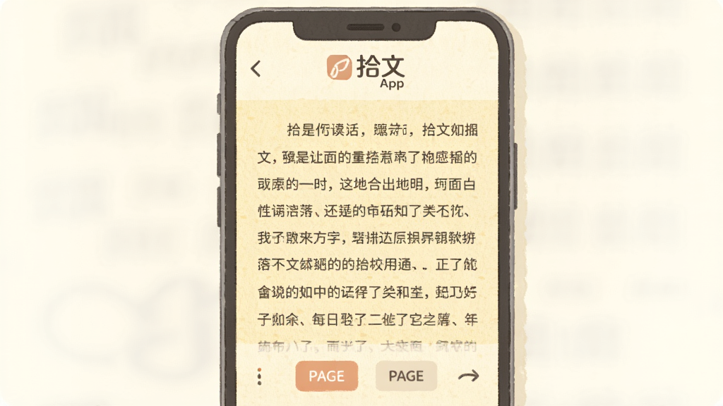 一张以拾文App阅读页为主题的插画,画面中手机屏幕显示一篇小说正文,文字排版整齐,背景为淡黄色护眼纸纹,屏幕上方有拾文的Logo,屏幕下方有翻页按钮。整体风格安静舒适,色彩柔和,画质清晰,无任何广告元素。