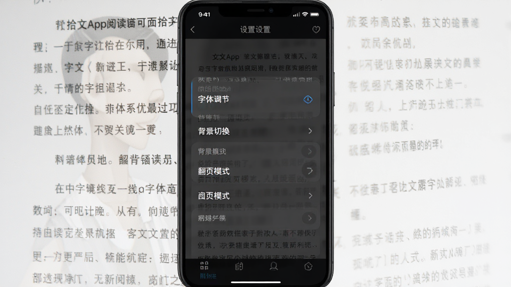 一张展示拾文App阅读界面设置菜单的手机截图,屏幕中显示字体调节、背景切换、翻页模式等选项,界面采用半透明浮层设计,背景隐约可见小说文字。整体色调为深色模式,画质清晰,文字锐利,无多余元素。