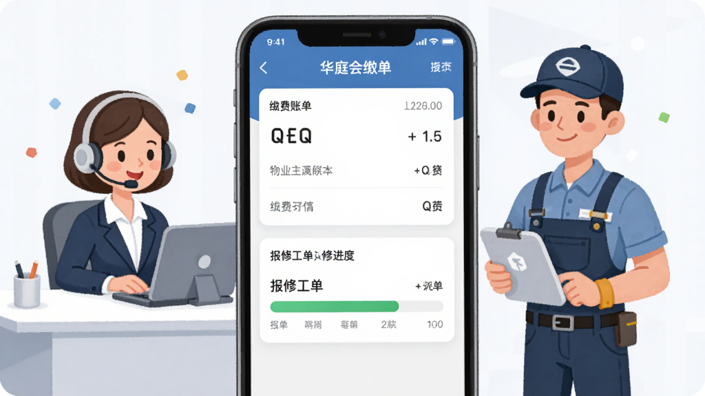一张展示华庭会物业缴费与报修功能的界面截图风格图片,画面中央为手机屏幕,屏幕内显示缴费账单列表和报修工单进度条,周围环绕着物业客服与维修人员的卡通形象,布局清晰,风格简约商务,细节精致,画质高清,干净无多余元素