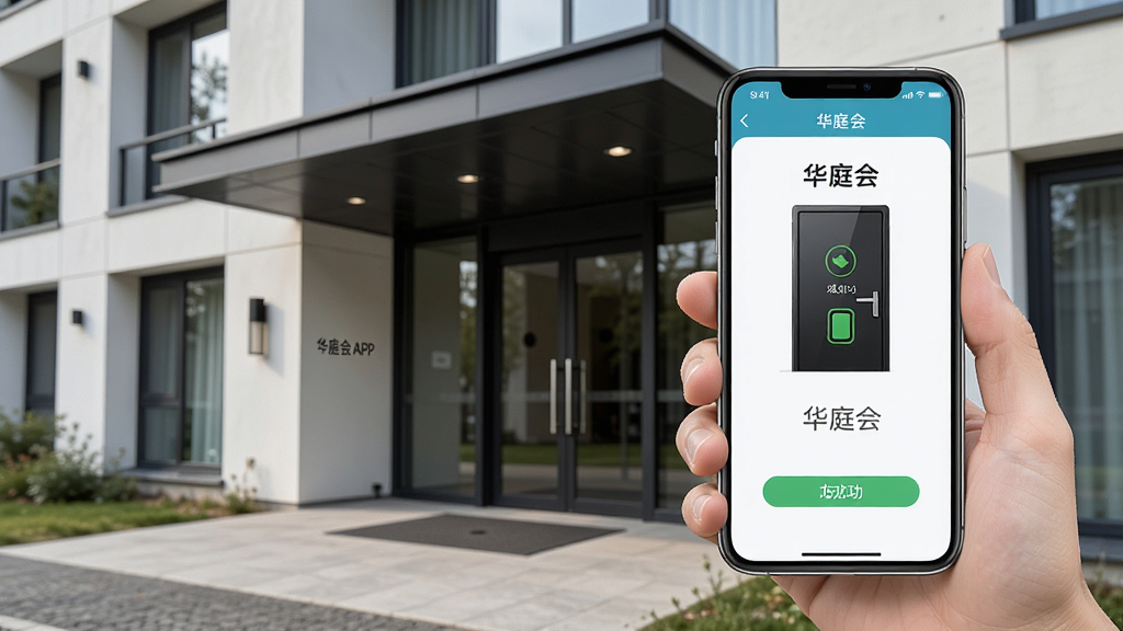 一张展示华庭会APP在手机上正常运行的写实图片,画面中手机屏幕显示华庭会门禁开门成功界面,背景为现代公寓楼入口,风格清爽素雅,细节清晰,画质高清,干净无多余元素