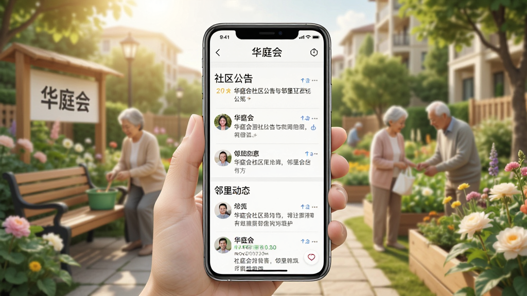 一张展示华庭会社区公告与邻里互动功能的图片,画面中一部手机屏幕显示社区公告列表和邻里动态信息流,背景为温馨的社区花园场景,风格清新浅色,细节丰富,画质高清,干净无多余元素,屏幕中文字包含“华庭会”
