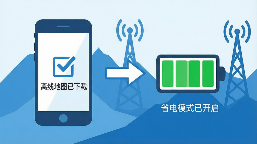一张信息图风格的插图,左侧是一个手机图标,屏幕显示“离线地图已下载”的勾选状态,右侧是一个电池图标,电量格显示为绿色满格,中间用箭头连接。下方有一行小字“省电模式已开启”。背景是抽象的山脉和信号塔剪影,表示无网络环境。风格简洁现代,扁平插画风,配色以蓝白为主,画质干净,信息传达清晰。