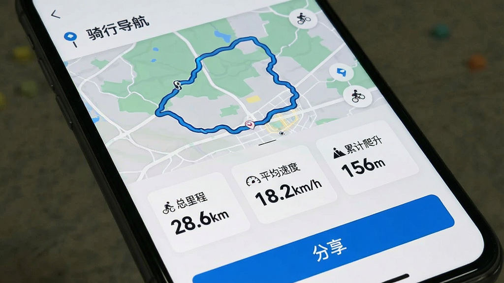 手机屏幕截图风格,显示“骑行导航”的数据统计页面。页面顶部是本次骑行的轨迹地图,下方以卡片形式排列着“总里程 28.6km”“平均速度 18.2km/h”“累计爬升 156m”等数据,每个数据旁配有简约的图标。页面底部有一个“分享”按钮。整体风格为清爽的卡片式UI设计,背景为浅灰色,数据文字为深蓝色,画质清晰,无多余装饰。