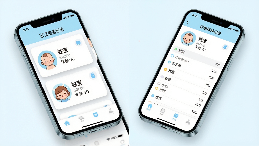 画面展示两个并排的手机界面截图,左侧手机显示“宝宝疫苗记录”软件中两个宝宝档案的列表页面,每个档案卡片上有宝宝头像、姓名和年龄信息,右侧手机显示某个宝宝的详细接种记录页面。画面采用浅色背景,手机以倾斜角度摆放增加立体感。整体风格为清新的UI展示风格。细节上头像使用卡通风格,档案卡片有柔和的投影效果,界面配色以浅蓝和白色为主。画质高清,画面干净无杂乱元素。