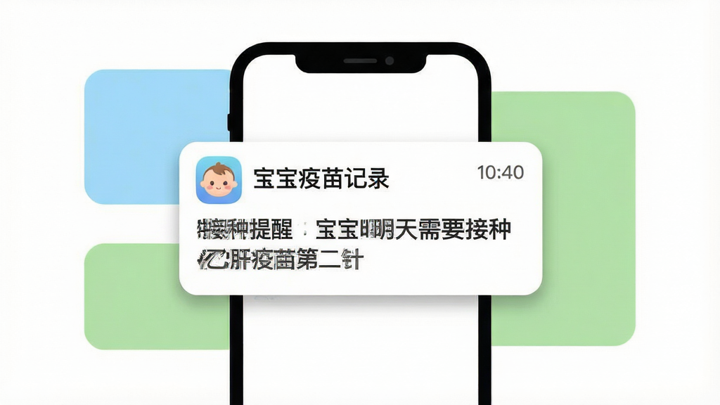一幅扁平化风格的手机通知界面示意图,画面中央是一部手机屏幕,屏幕上弹出“宝宝疫苗记录”的提醒通知卡片,通知内容显示“接种提醒:宝宝明天需要接种乙肝疫苗第二针”,卡片左上角有软件图标,右上角显示时间。手机屏幕周围用浅蓝色和浅绿色的圆角矩形色块装饰,背景为纯白色。整体风格简洁现代,排版以通知卡片为视觉焦点。细节上通知卡片的阴影柔和,图标设计圆润可爱,文字排版清晰。画质干净无多余元素,适合作为功能展示图。