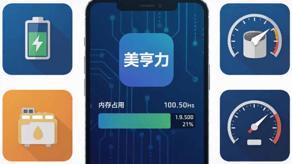 手机性能监控界面示意图,屏幕中央显示“美亨力”应用图标与内存占用数据条,周围环绕电池图标、存储图标、速度仪表盘等元素,背景为深蓝色科技感渐变,采用扁平化信息图风格,画质干净,无多余元素。