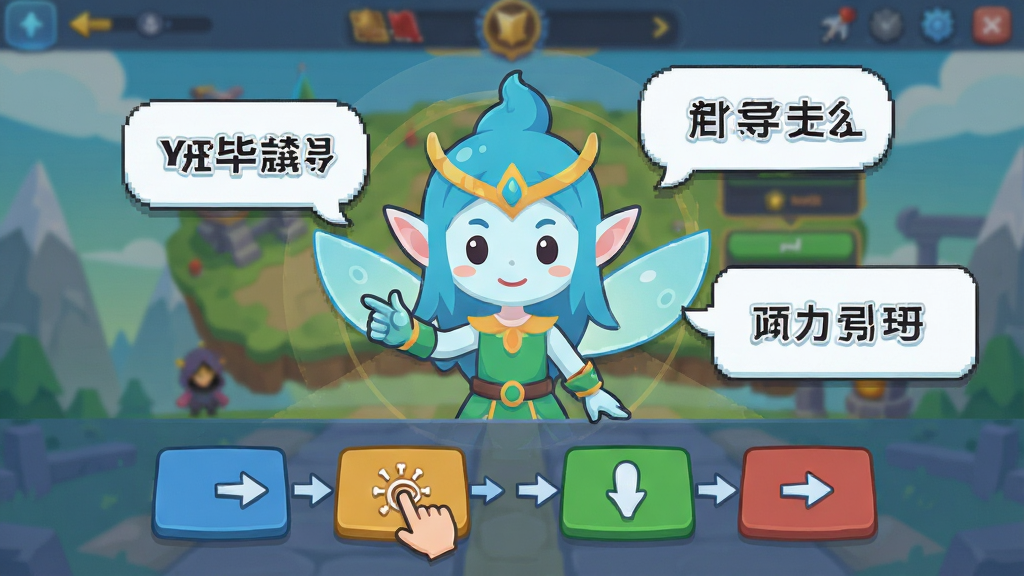 万界无双新手引导界面,主体是一位引导精灵正在向玩家展示操作按钮,背景是简化的游戏主界面,布局采用中心放射式构图,排版突出引导精灵与文字提示框,风格为卡通扁平化,细节包括手指点击图标、箭头指示、文字气泡,画质为1080P高清,干净无多余元素
