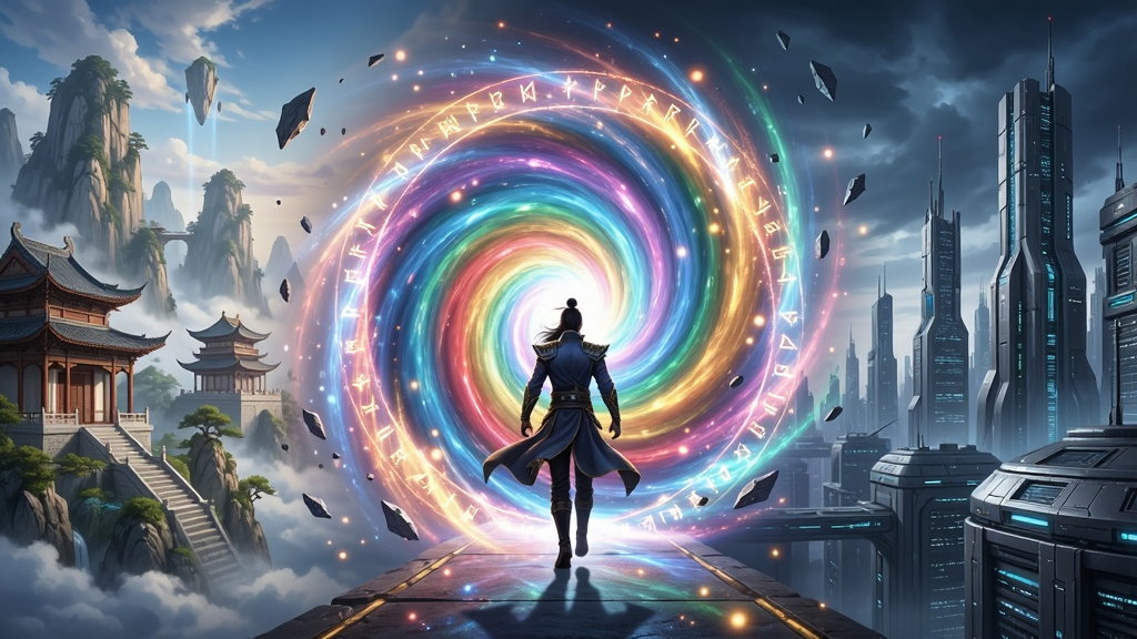 万界无双多元宇宙位面穿越场景,画面中央是一道巨大的彩色时空漩涡传送门,主角正迈步走入其中,左侧是仙侠风格的山水楼阁,右侧是科幻风格的金属城市,布局采用左右对比式构图,排版突出中央传送门,风格为奇幻概念艺术,细节包括传送门上的符文光效、两侧场景的细节纹理、漂浮的碎片与光点,画质为8K超高清,干净无多余元素