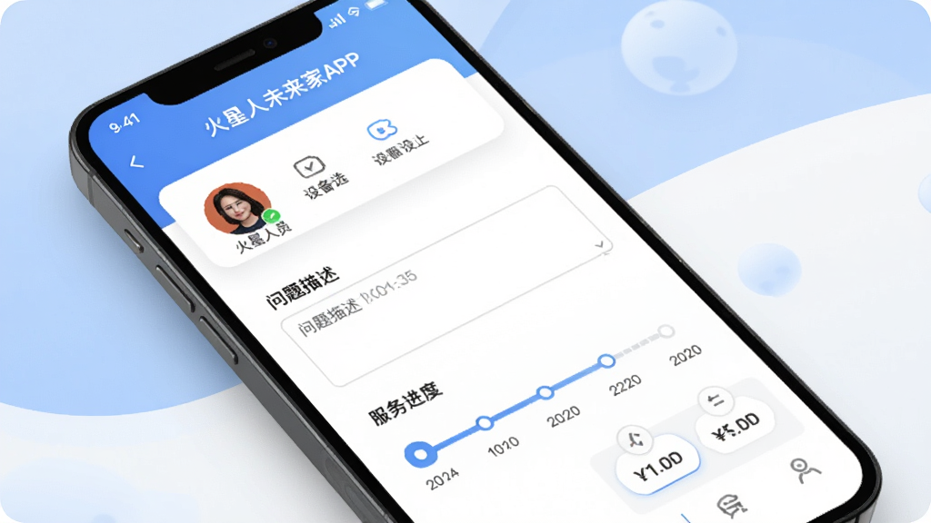 火星人未来家APP售后服务页面,画面展示手机屏幕上的报修工单界面,包含设备选择、问题描述输入框与服务进度时间轴,背景为柔和的蓝白配色,风格专业可靠,细节包括服务人员头像与预约时间选项,画质清晰,干净,无多余元素