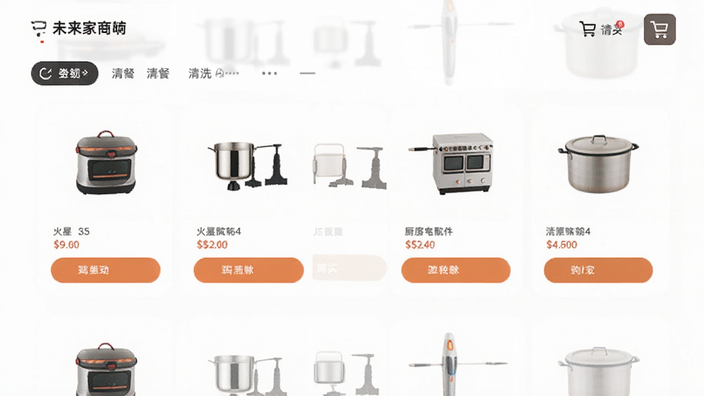 火星人未来家APP商城页面,画面中手机屏幕显示厨房配件与清洗套餐列表,包含商品图片、价格标签与购买按钮,背景为简洁的电商风格布局,细节包括分类筛选栏与购物车图标,画质清晰,干净,无多余元素