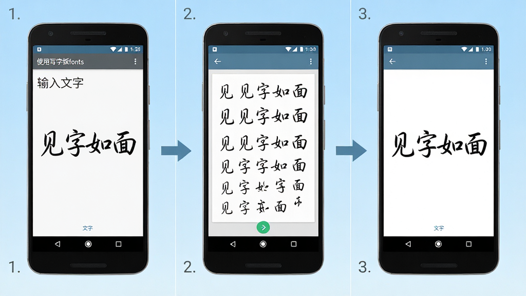 一张展示安卓手机使用“写字板fonts”生成手写图片的步骤示意图,画面分为三格,从左到右依次为输入文字界面、选择字体与纸张界面、生成图片预览界面,手机屏幕清晰显示中文手写效果“见字如面”,背景为浅蓝色渐变,风格简洁教程风,细节包含箭头指示与步骤编号,画质高清,干净,无多余元素