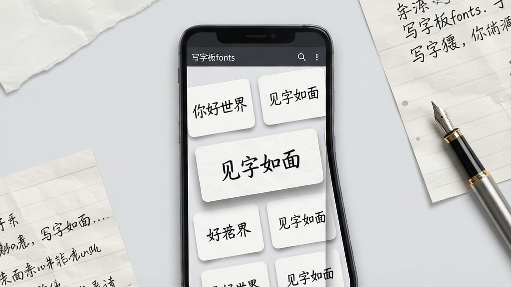 一张展示“写字板fonts”软件手写字体选择界面的图片,画面中央是一部安卓手机,屏幕上排列着多款手写字体预览卡片,卡片上写着“你好世界”“见字如面”等中文短语,背景为浅灰色极简风格,手机周围散落着几张手写便签纸和一支钢笔,布局采用俯视角度,风格清新文艺,细节包含字体卡片阴影与纸张纹理,画质高清,干净,无多余元素