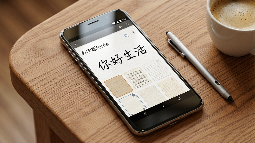 一张展示安卓手机屏幕的写实风格图片,手机平放在木质桌面上,屏幕中显示“写字板fonts”软件界面,界面上有手写中文字体“你好生活”和多种纸张背景选项,旁边放着一支触控笔和一杯咖啡,布局居中,风格温暖清新,细节包含手机边框反光与桌面纹理,画质高清,干净,无多余元素