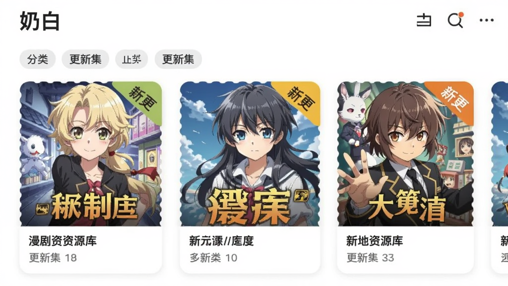 一幅AI生图,主体为“奶白”应用中的漫剧资源库界面,布局为横向滑动卡片展示多部漫剧封面,每张封面带有标题和更新集数,排版整齐,风格为扁平化设计,细节包括分类标签和高亮的新更角标,画质清晰,干净无多余元素