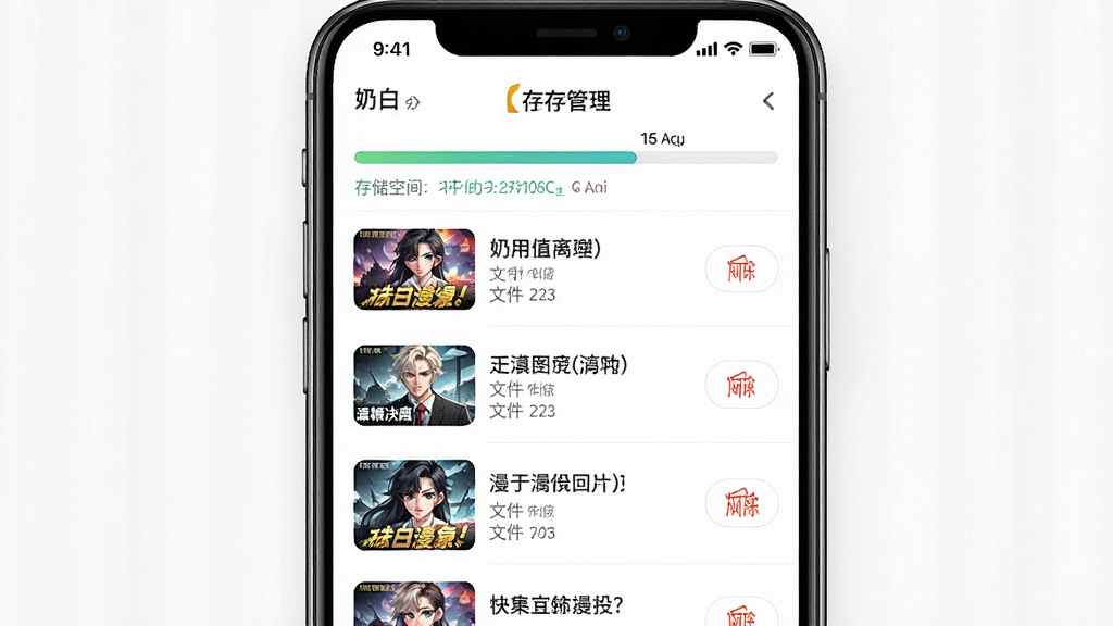 一幅AI生图,画面展示“奶白”应用的离线缓存管理界面,主体为手机屏幕,布局为列表形式显示已缓存的漫剧条目,每条包含缩略图、标题、文件大小和删除按钮,排版清晰,风格为现代简约,细节包括顶部的存储空间进度条,画质高清,干净无多余元素