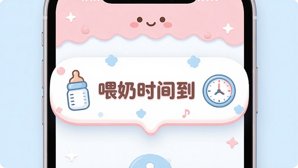 宝宝成长记提醒功能界面,画面中一部手机弹出可爱的提醒通知气泡,气泡内写有“喂奶时间到”字样,旁边配有奶瓶和时钟图标,布局为手机屏幕特写居中排版,风格为卡通可爱风,细节包含柔和的粉色与蓝色搭配、圆润字体、干净背景,画质高清,干净,无多余元素